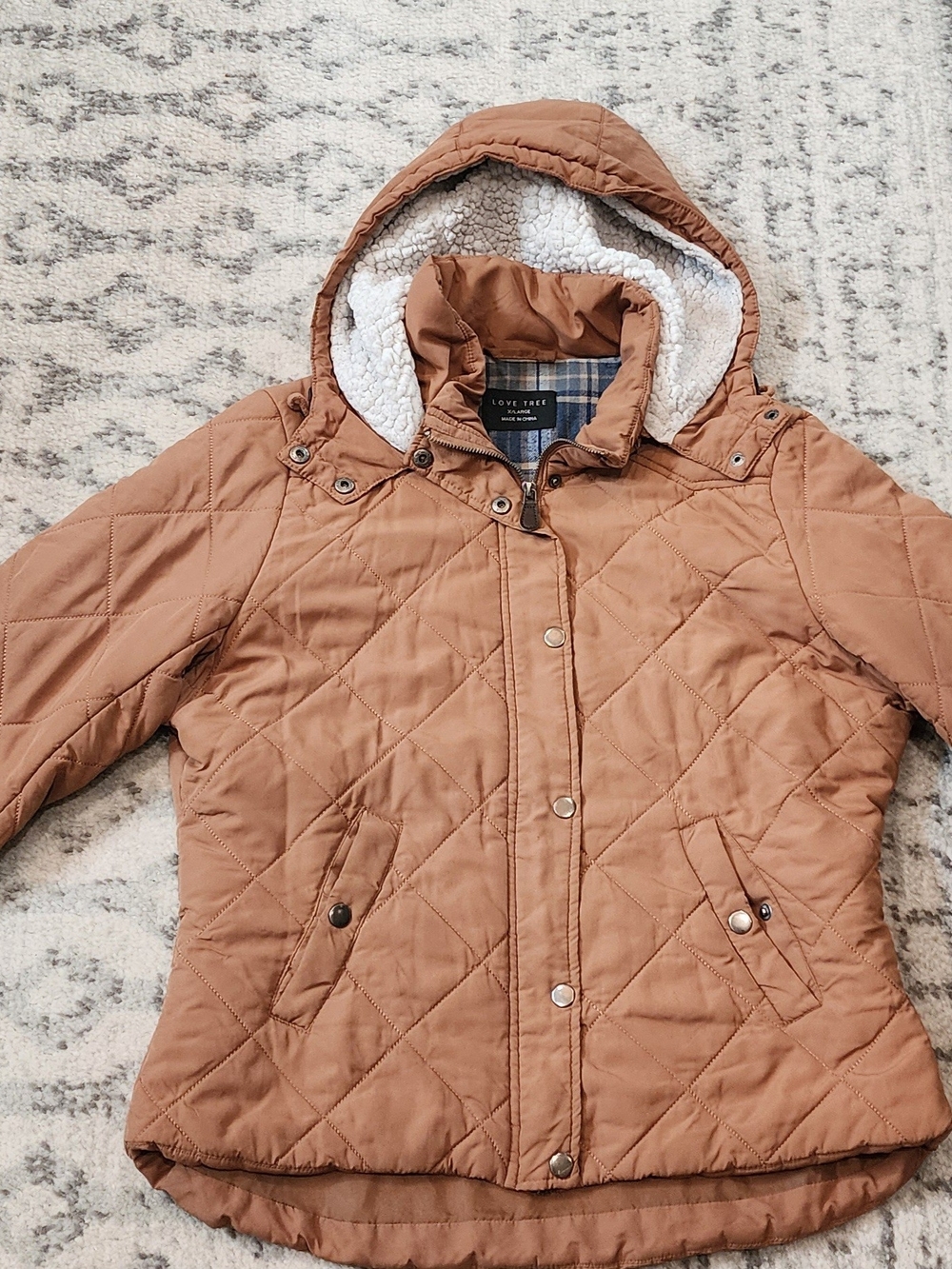 Love Tree Quilted Hooded Jacket - Camel XL